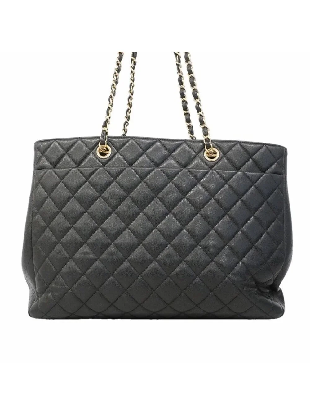 Chanel Chain Tote Quilted Caviar Leather Black Champagne Gold